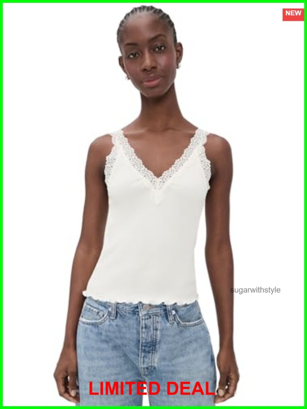 Lace-Trim Ribbed V-Neck Tank Top Lettuce Hem Sleeveless